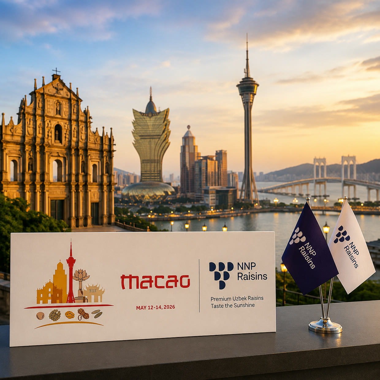 Graphic marking NNP Raisins at the INC Congress in Macao, 12 to 14 May 2026: the congress mark and the NNP Raisins lockup on a sign against the Macao skyline, with two NNP Raisins table flags.