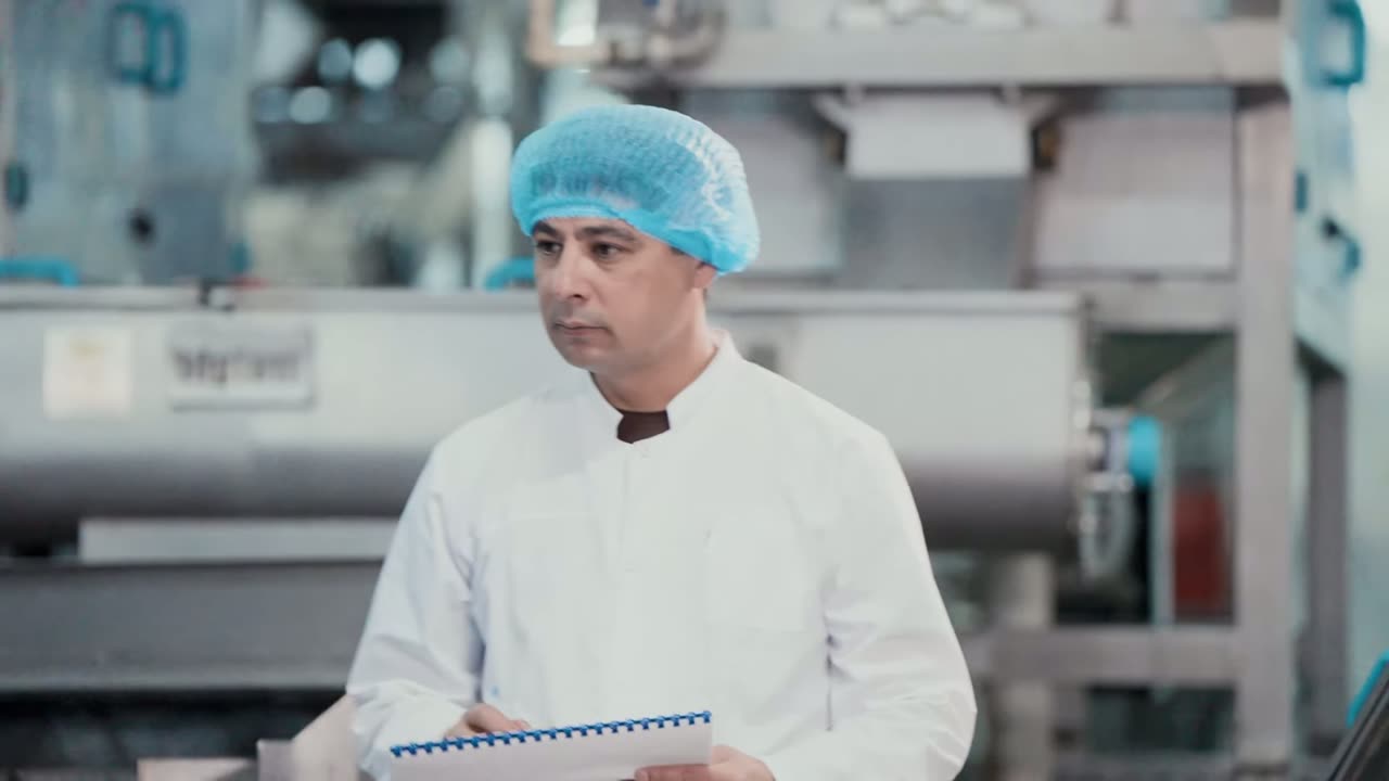 A quality specialist in white with a clipboard on the line.